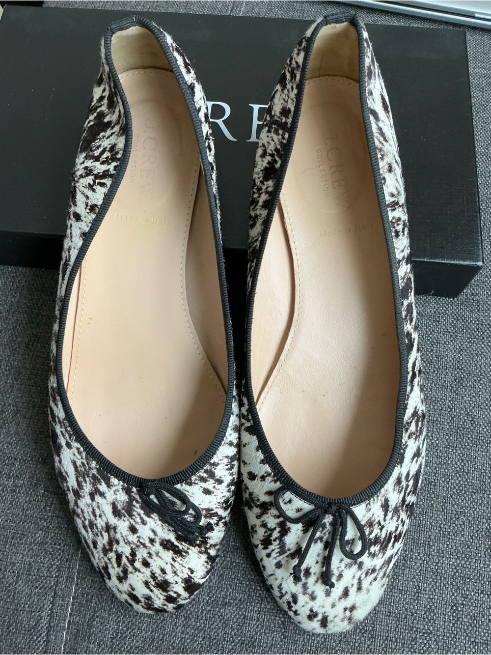 J. Crew Black+ White Kiki Calf hair Ballet Flats size 9.5 classy preppy leather